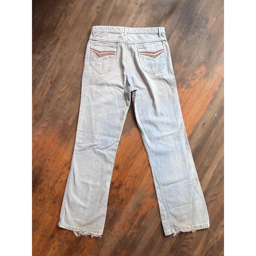 Vintage 70s Flare Jeans | Light Wash Slim Fit Denim Distressed Leather trim |28" - Picture 6 of 8